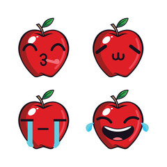 Vector set of cute apple fruit emojis. Isolated on white background. Kawaii cartoon smiling apples.