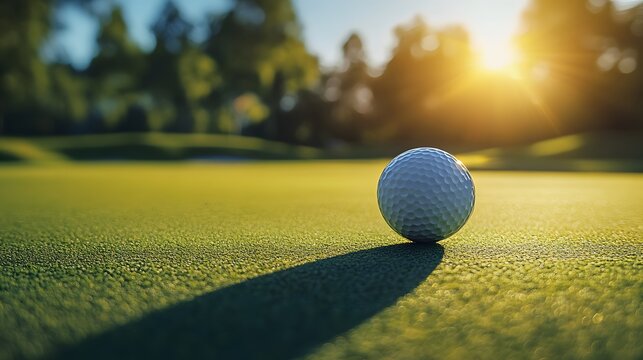 Golf ball on putting green, sunny day, bright natural lighting, golden hour glow, shallow depth of field, blurred background with trees, golf course landscape.