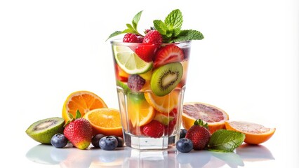 Fototapeta premium Vibrant and colorful cocktail drink in a clear glass with a variety of fruits, isolated on a white background, cocktail