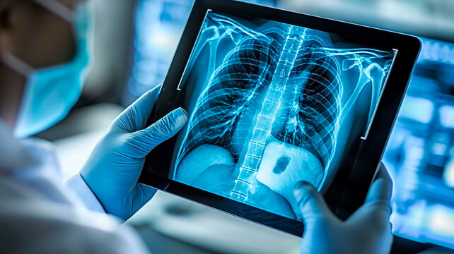A medical expert examining ribcage chest radiograph on via tablet screen. Physician assessing heart and lung radiography on modern gadget.