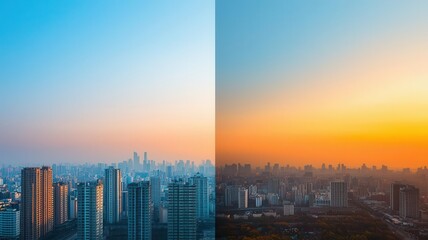 Obraz premium Urban scene with clear sky and polluted overlay, showing past vs present, environmental change