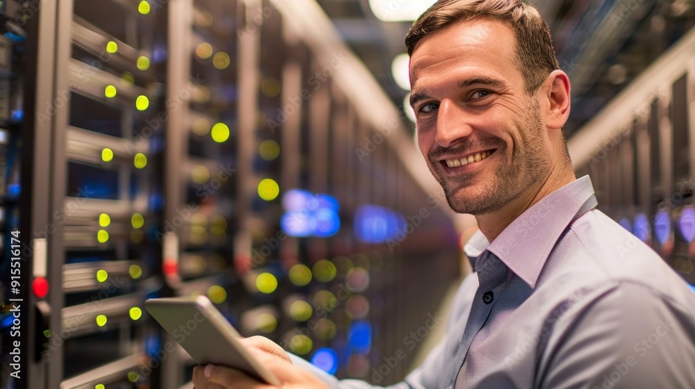 Aufkleber A man is smiling and holding a tablet in front of a row of computer servers
