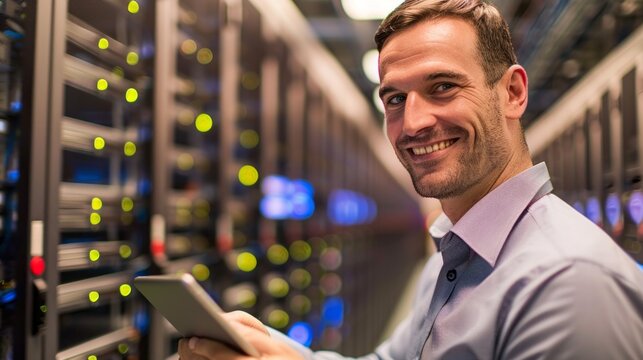 A man is smiling and holding a tablet in front of a row of computer servers