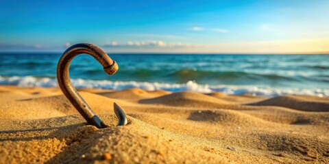 Fototapeta premium Pirate's hook on sandy beach , pirate, hook, sand, ocean, maritime, treasure, chest, adventure, ship, nautical, wooden