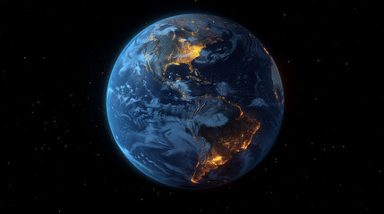 Planet earth from the space at night . 3d render. Planet Earth showcases a mesmerizing spectacle of city lights and clouds from space split between night and day with twinkling stars overhead.