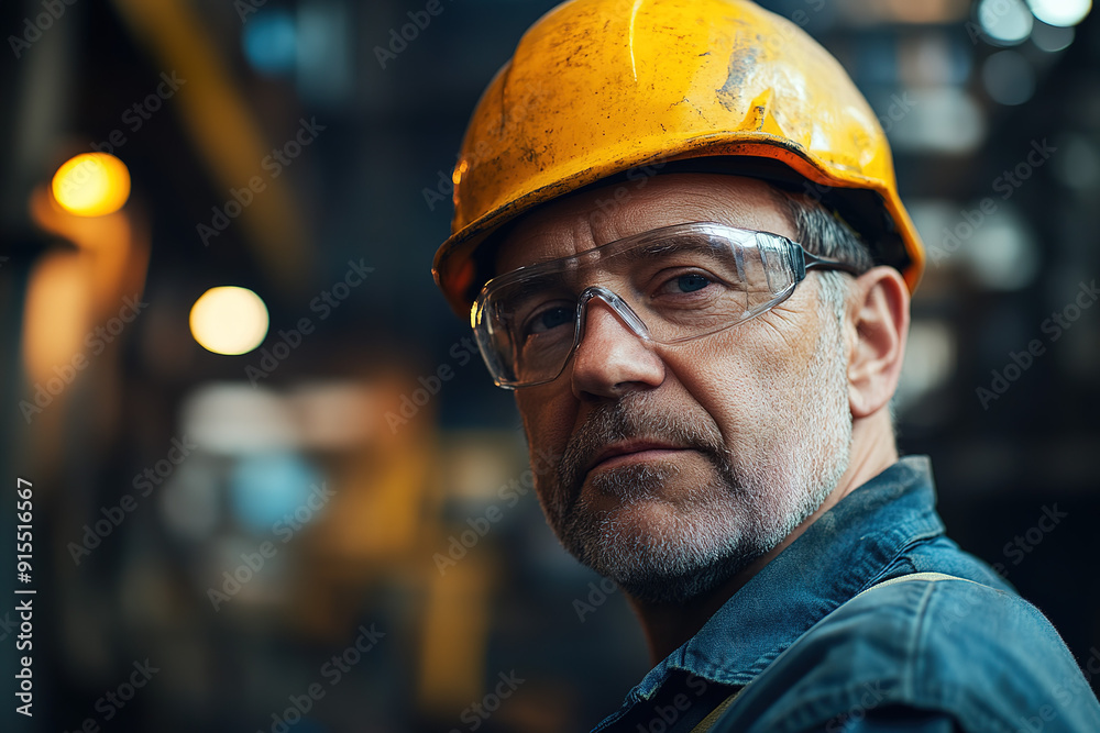 Wall mural Professional steel worker wearing a yellow helmet and safety glasses, facing the camera with a softly blurred factory backdrop, captured in detail with Sony Alpha a7 III and macro lens to emphasize in