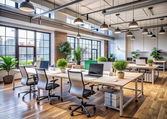 Fototapeta premium Modern office interior with empty collaborative workspace, desks, chairs, laptops, and whiteboard, conveying teamwork, diversity, and innovation in a corporate environment.