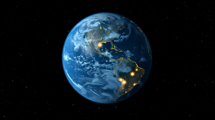 Planet earth from the space at night . 3d render. Planet Earth showcases a mesmerizing spectacle of city lights and clouds from space split between night and day with twinkling stars overhead.