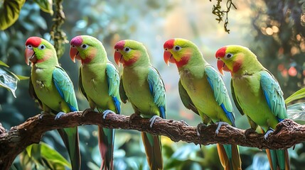 Fototapeta premium A vibrant group of five parrots perched on a branch, showcasing their colorful feathers in a lush, green environment.