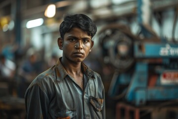 Fototapeta premium Portrait of a young male assembly line worker in factory