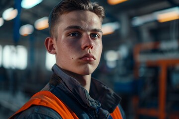 Fototapeta premium Portrait of a young male assembly line worker in factory