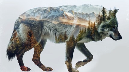 Fototapeta premium A majestic wolf with a mountain landscape and pine forest inside its body, created with AI