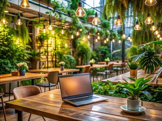 Fototapeta premium Cozy cafe atmosphere with a modern laptop on a wooden table surrounded by lush green plants and vibrant lighting in a stylish coworking space interior.