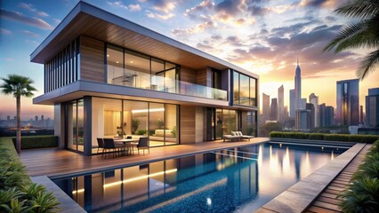 Luxurious modern villa with sleek design and panoramic windows overlooking Dubai skyline, Dubai, house, modern, exterior