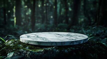 Marble pedestal in forest, mystical atmosphere, dark green foliage, dramatic lighting, product showcase, nature backdrop, moss-covered ground, circular platform.