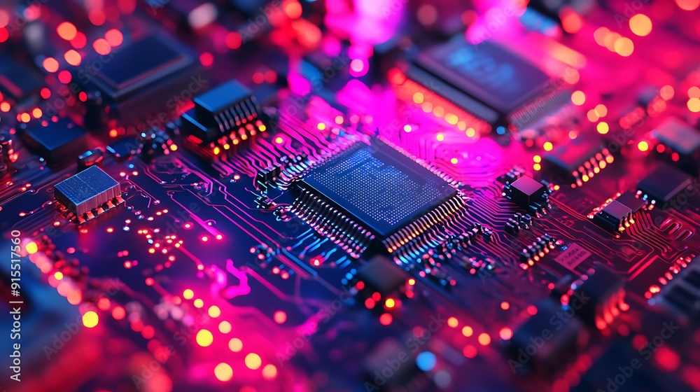 Poster freshly assembled computer chip close-up with clean lines and vibrant connections
