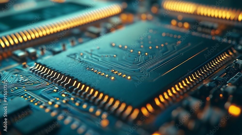 Poster freshly assembled computer chip close-up with clean lines and vibrant connections