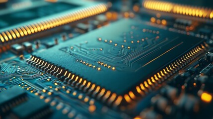 Freshly Assembled Computer Chip Close-Up with Clean Lines and Vibrant Connections