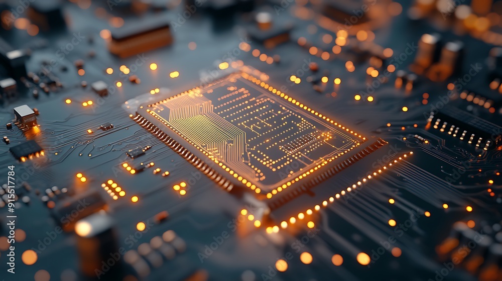 Poster Freshly Assembled Computer Chip Close-Up with Clean Lines and Vibrant Connections