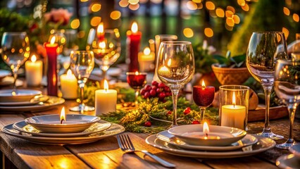 Vibrant dinner table setting with empty plates, wine glasses, and warm candlelight, conveying a sense of joyful gathering and lingering friendship moments.