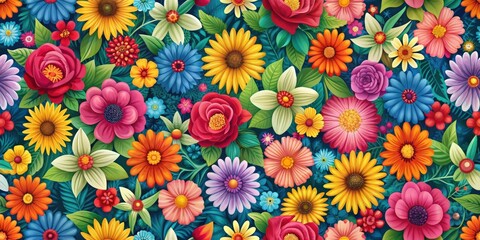 Fototapeta premium Seamless pattern featuring colorful and vibrant flowers, floral, bloom, botanical, garden, nature, petals, texture