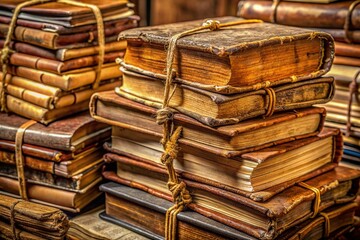 Fototapeta premium Vintage leather-bound tomes stacked precariously, overflowing with yellowed pages, worn bookmarks, and scraps of paper, telling stories of forgotten knowledge and timeless wisdom.