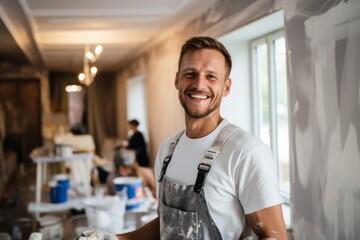 Portrait of a young smiling house painter refurbishing