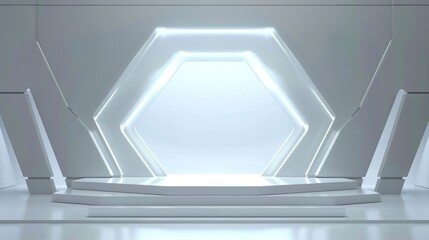 Fototapeta premium Futuristic Architecture: Geometric White Interior with Glowing Hexagon