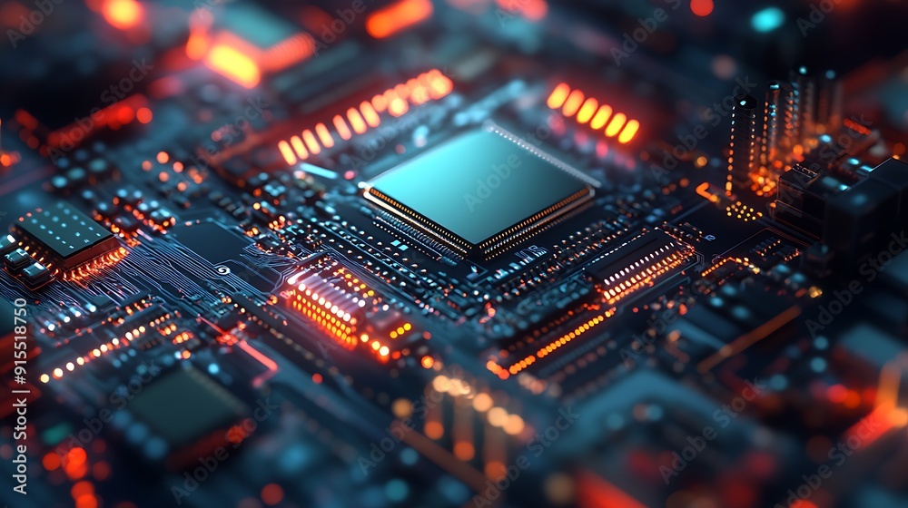 Poster freshly assembled computer chip close-up with clean lines and vibrant connections