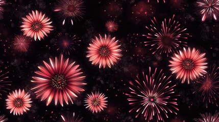 A pattern of fireworks and flowers in a black background