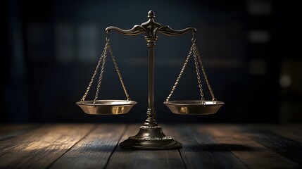 Scales of justice, antique brass balance, black background, dramatic lighting, legal concept, symmetry, golden metallic finish, wooden table surface, chiaroscuro effect.