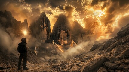 Obraz premium Majestic Mountain Peaks with a Solo Hiker.