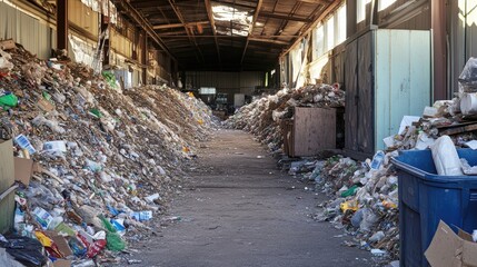 Naklejka premium Efficient Recycling Facility with Neatly Sorted Piles of Materials for Environmental Conservation