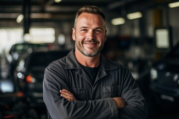 Fototapeta premium Smiling portrait of a middle aged car mechanic in workshop