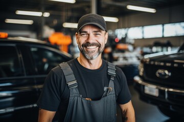 Smiling portrait of a middle aged car mechanic in workshop