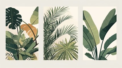 Set of Three White Poster Frames with Black Borders, Featuring Different Plant Leaves in Minimalist Style