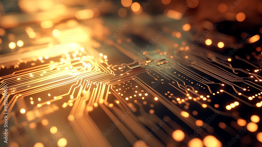 Poster freshly assembled computer chip close-up with clean lines and vibrant connections