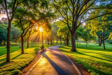 Vibrant morning sunlight casts a warm glow on a serene park scenery, empty trails and lush greenery, evoking a sense of peaceful fitness routine ambiance.