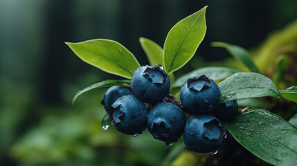 Close-up of ripe blueberries on a branch with green leaves, covered in morning dew in a natural forest setting.