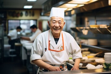 Smiling portrait of a senior male sushi chef in kitchen