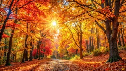 Beautiful autumn forest background with vibrant colored leaves and sunlight filtering through the trees, autumn