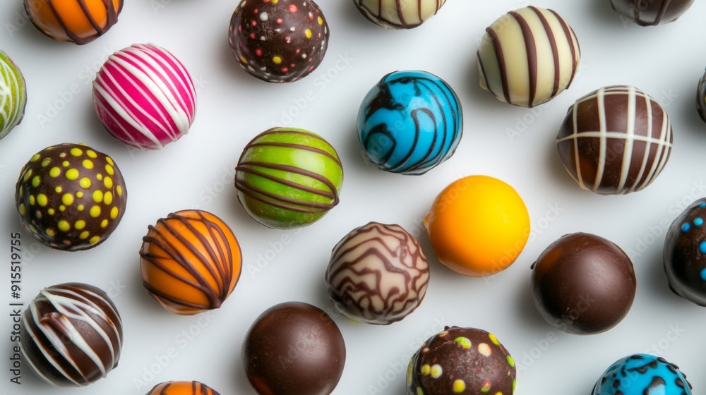 Poster a close-up of a variety of brightly colored chocolate truffles with decorative patterns and coatings