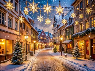 Fototapeta premium Snowflakes gently fall on a charming European street, lined with twinkling lights and festive decorations, capturing the essence of winter wonderland magic and joy.