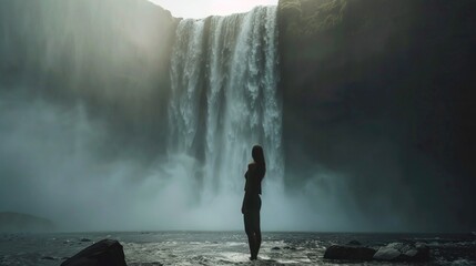 Obraz premium Young woman standing in front of misty waterfall