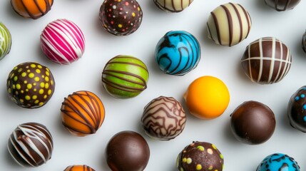 Obraz premium A close-up of a variety of brightly colored chocolate truffles with decorative patterns and coatings, set against a clean white background.