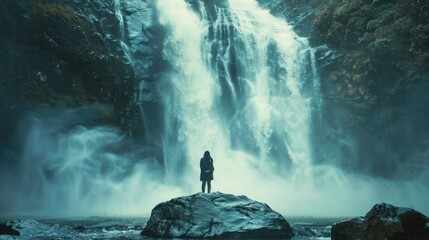 Obraz premium Young woman standing in front of misty waterfall