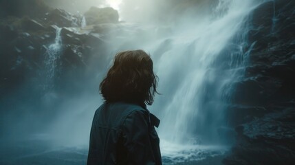 Obraz premium Young woman standing in front of misty waterfall