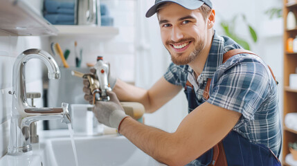 Plumber repairing a bathroom sink, professional service concept. Cheerful repairman. plumber at work in a bathroom, plumbing repair service, assemble and install