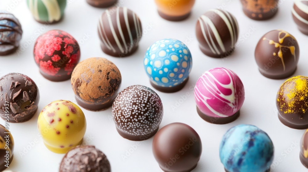 Poster a close-up of a variety of brightly colored chocolate truffles with decorative patterns and coatings