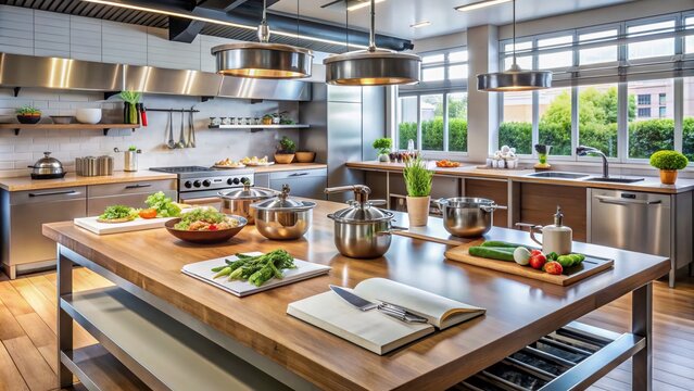 A sleek, modern kitchen setup features a culinary workstation with utensils, ingredients, and cookbooks, evoking a hands-on cooking class atmosphere, emphasizing skill-building and expertise.